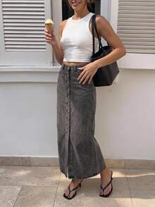 Women's Mid Waist Button Front Grey Wash Denim Skirt - Grey - View 4