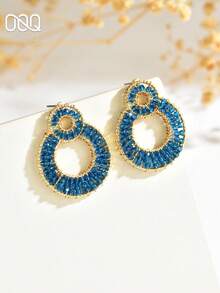 OOQ 1 Pair Vintage Bohemian Style Geometric Hollow Double Circle Seed Bead Earrings, Handmade Niche Design Y2K Style Fashion Earrings For Women, Suitable For Daily Wear, Holidays, Travel, Music Festivals, Parties And Balls - Blue - View 3