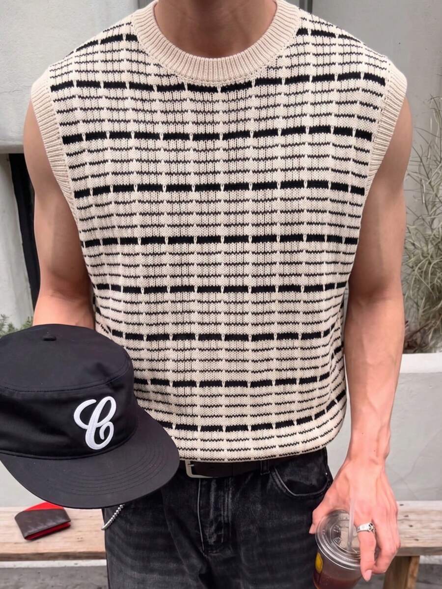 ANDREILEE Men's Knitted Vest Street Casual Round Neck Sleeveless Loose Pullover Sweater T-Shirt Spring Summer - Apricot - View 1