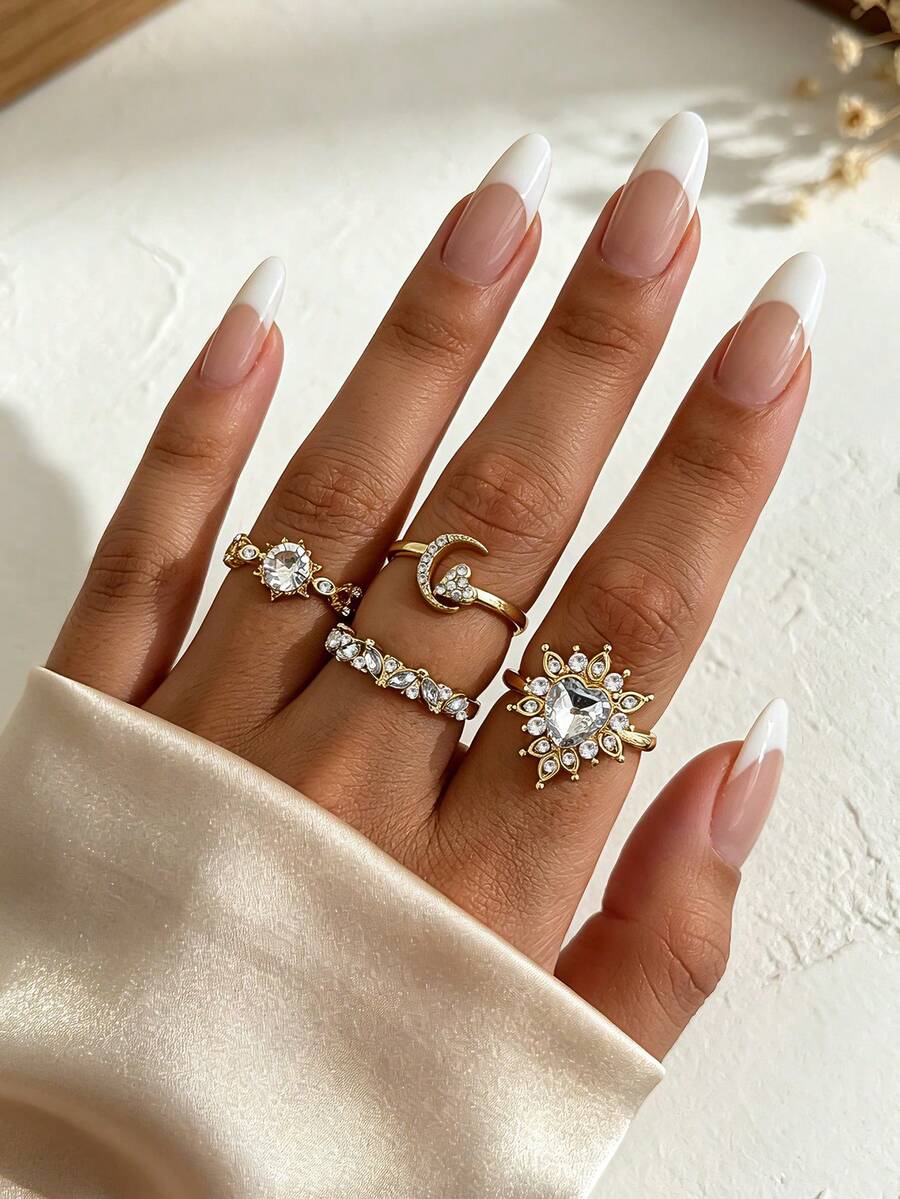 4 piezas Anillos vintage de oro con luna & corazón con strass, Anillo de girasol de oro con strass, Conjunto de anillos con elementos de corazón & luna totalmente con strass para mujeres - Dorado - Ver 1