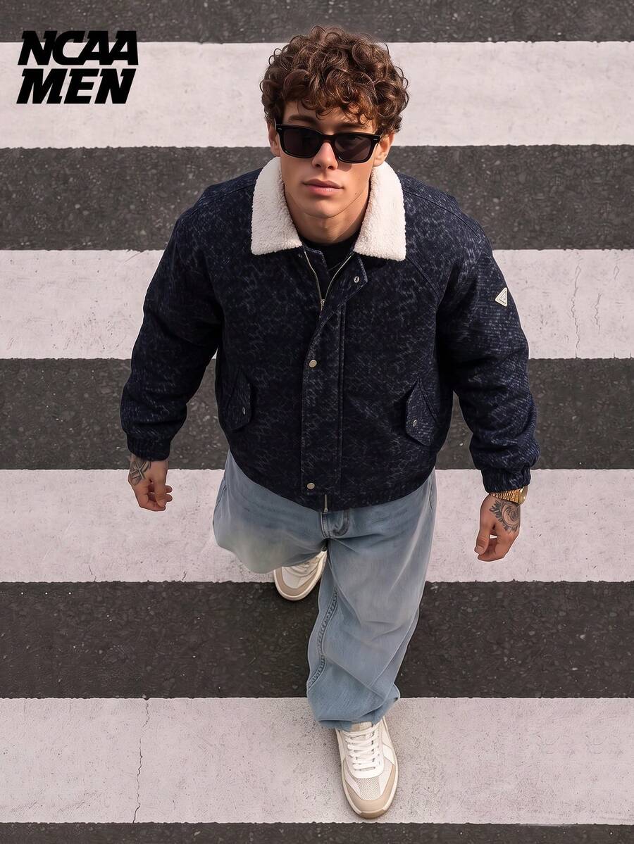 American Style Lamb Wool Lapel Patchwork Jacket Coat, Vintage Dark Pattern Design, Spring/Autumn Fashion Streetwear For Men And Women - Blue - View 1