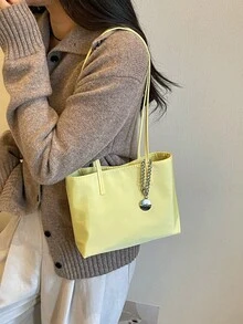 1件女款拼色單肩斜挎包 大容量亮面托特包 適合購物、通勤與送禮 - 黃色 - 查看 6