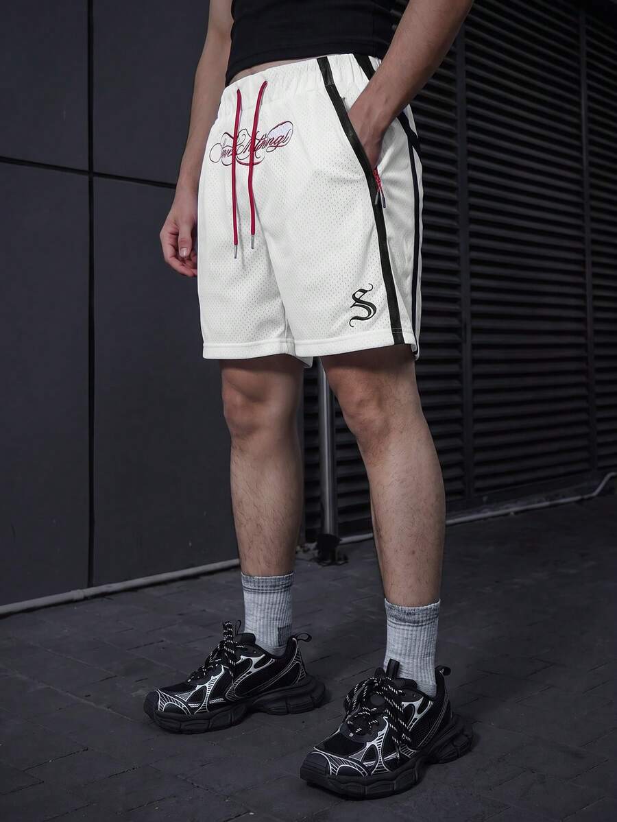 Men's Mesh Drawstring Knee-Length Shorts, Italic Letter Embroidery Side Stripe Zipper Pocket Casual Bottoms - Multicolor - View 1