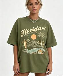Florida Palm Tree Pattern T-Shirt -Women's Casual Vacation Short Sleeve T-Shirt, Round Neck Short Sleeve Top,Summer Outfits For Women - Summer Tops - 軍綠色 - 查看 3