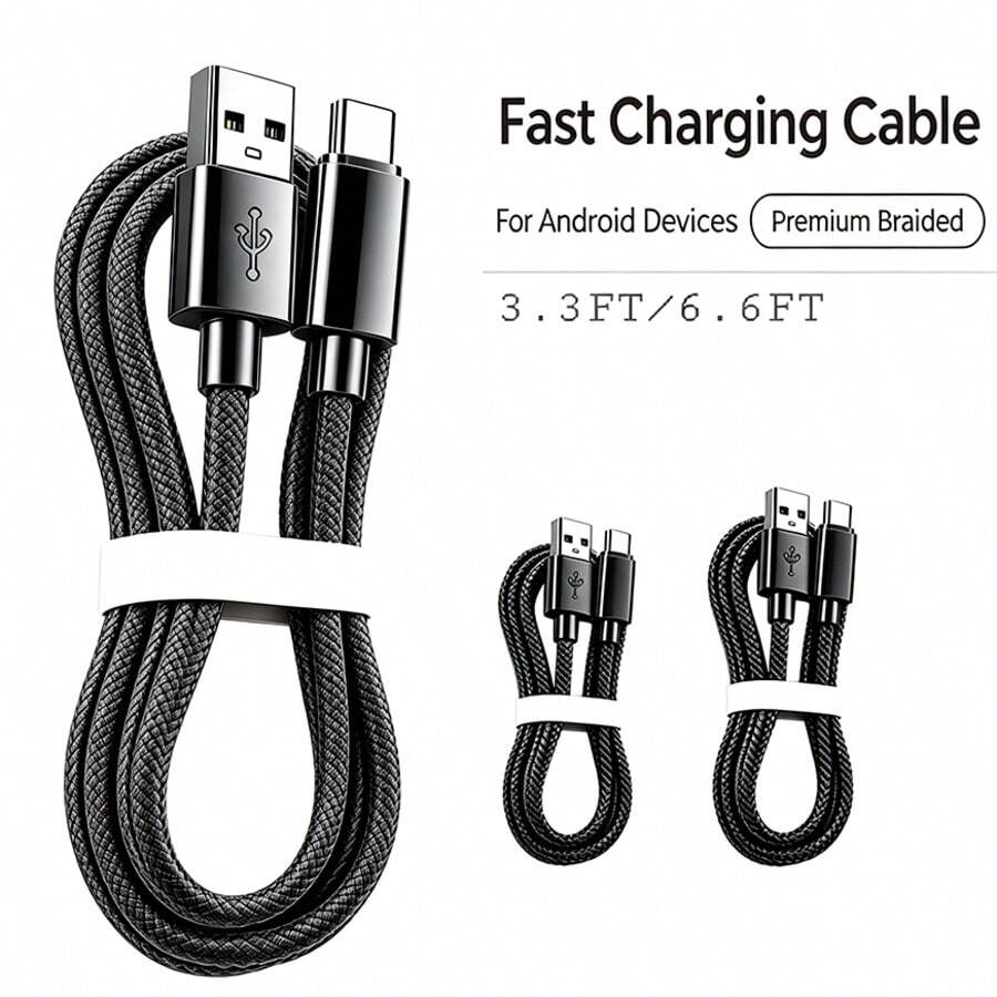 كابل شحن سريع USB Type-C، كابل شحن وبيانات USB-A إلى USB-C (مضفر من النايلون 33 قدم/6.6 قدم/10 قدم)، متوافق مع Galaxy S25/24/S23/S22/S21، الهواتف، متوافق مع iPhone 16/16 ProMax/15 Plus/15 Pro/15 Max، متوافق مع Redmi والهواتف وهواتف Android الأخرى كابل شحن - الأسود - مشاهدة 1