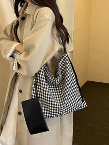 Dedoo 女款黑白格紋波希米亞風托特肩背包，布料材質附配套拉鍊收納袋，大容量極簡韓風購物旅行通勤包 - 彩色 - 查看 5