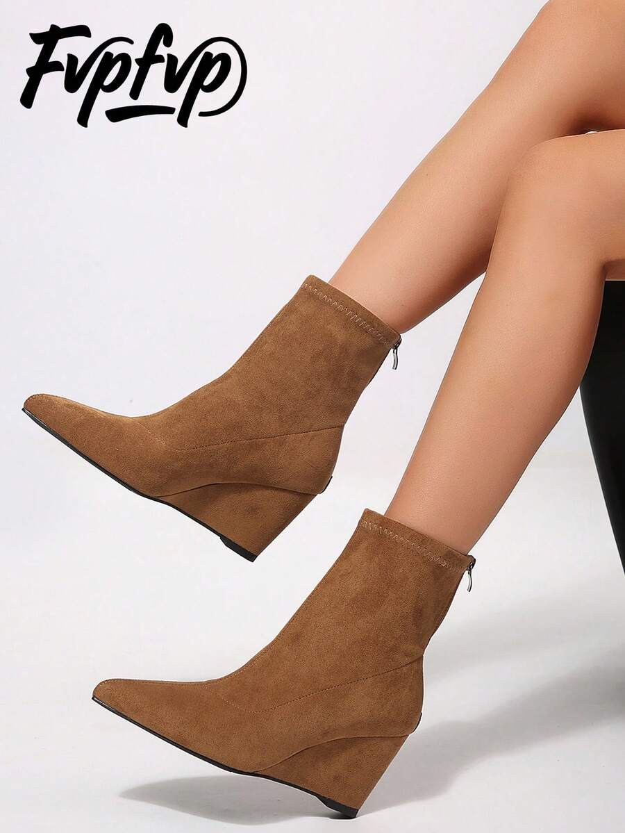 FVPFVP 2026 New Autumn/Winter Pointed Toe Elastic Slim Fit Wedge High Heel Ankle Boots, Black Retro Versatile Boots For Women