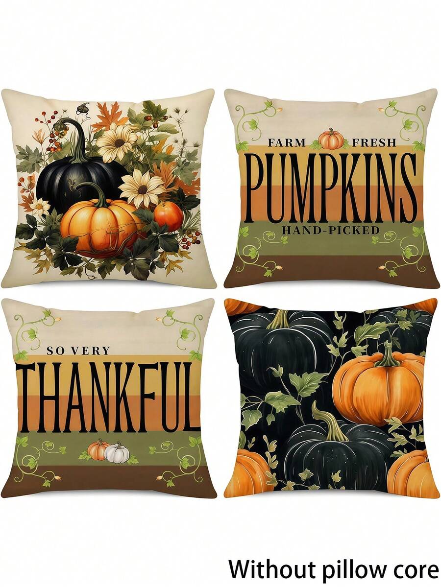 Fall Pillow Covers Set Of 4 Pumpkin Vines Floral Thanksgiving Decorations Autumn Harvest Striped Throw Cushion Case For Sofa Couch - Burnt Orange - View 1