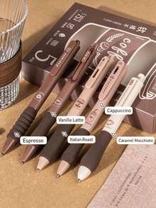 1/5pcs Coffee Style Soft Grip Retractable Neutral Pens, 5 Styles Ballpoint Pens, Highly Attractive Quick-Dry Smooth Writing Pens For Students, Office And School Supplies, Back To School Gift For Friends - Coffee 5 Styles - View 4