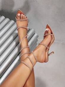 Women's New Light Champagne Rhinestone Snake Wrap Pointed Toe Stiletto High Heel Sandals, Sexy Nightclub Party Evening Summer Shoes - Champagne - View 3