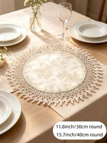 HXARTMIS 1PC Vintage Floral Lace Round Placemat, Embroidered Hollow Lace Trim Decorative Table Mat, Home Tabletop Decor - Light Coffee - View 1