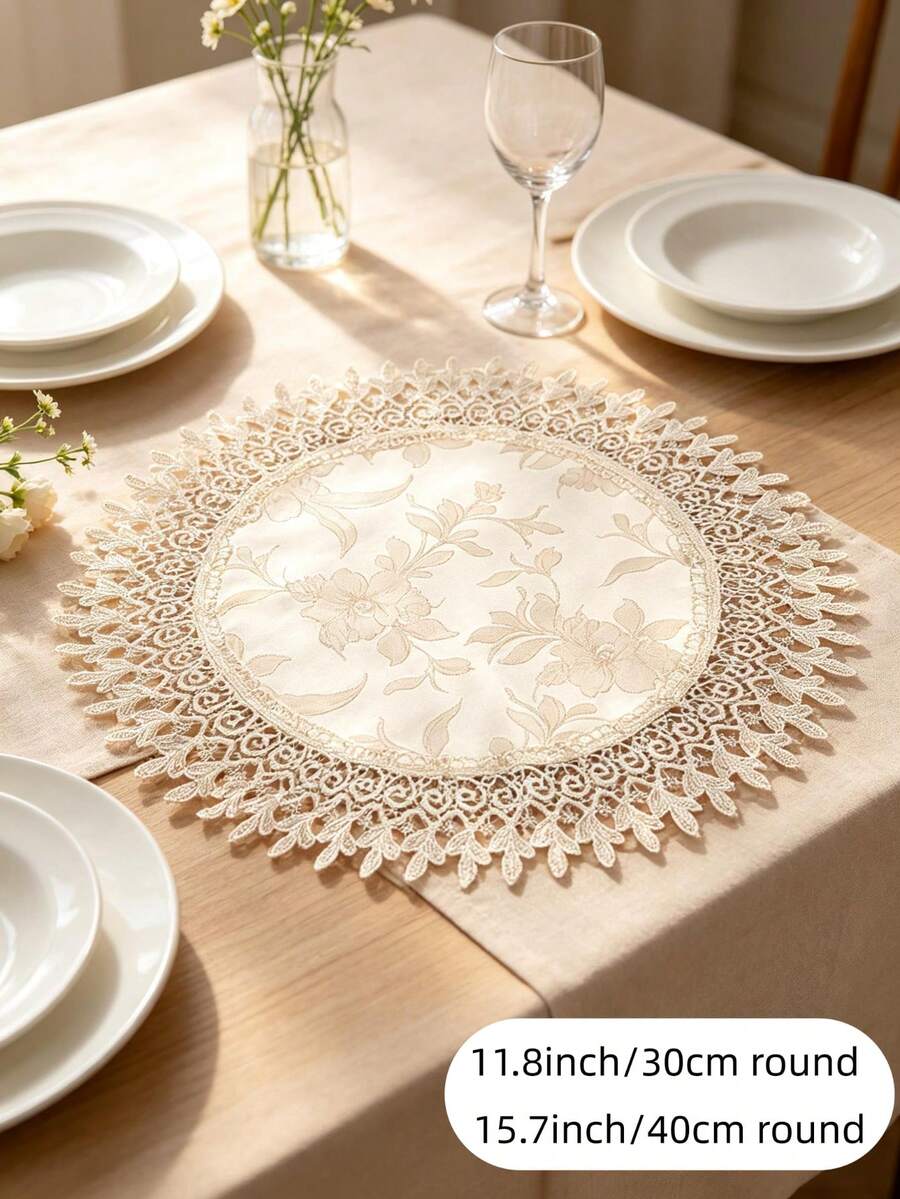 HXARTMIS 1PC Vintage Floral Lace Round Placemat, Embroidered Hollow Lace Trim Decorative Table Mat, Home Tabletop Decor - Light Coffee - View 1