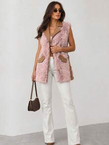 Elegant Imitation Leather And Fur Vest, Vest With Collar, Fastened With Snaps, Front Slightly Longer Than The Back, Hip-Length. - Pink - View 1