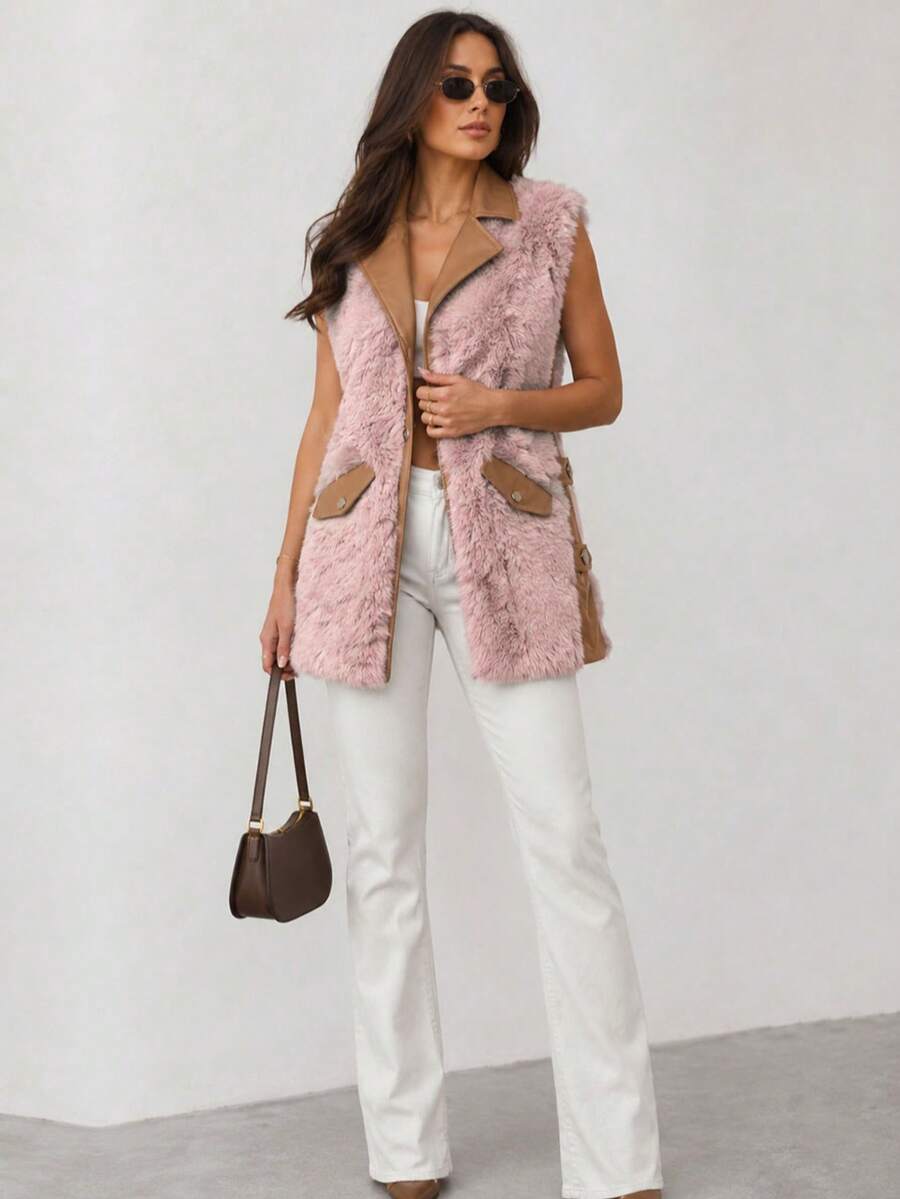 Elegant Imitation Leather And Fur Vest, Vest With Collar, Fastened With Snaps, Front Slightly Longer Than The Back, Hip-Length. - Pink - View 1
