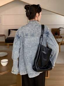 Women's Frayed Hem Drop Shoulder Long Sleeve Denim Jacket - Light Wash - View 3