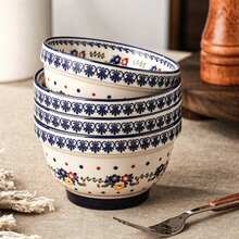 2pcs/4pcs Bohemian Polish Style Floral Pattern Round Ceramic Rice Bowl, Vintage Blue Lace Rim Dotted Decor Thickened Anti-Slip Base, Microwave Dishwasher Porcelain Dinner Bowl, For Daily Dining Breakfast Home Dinner Party Autumn Daily Table Decor - Multicolor - View 14