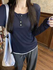 Y2K Autumn Korean Style Elegant Round Neck Button Contrast Color Versatile Soft Long Sleeve T-Shirt Top For Women - Navy Blue - View 6