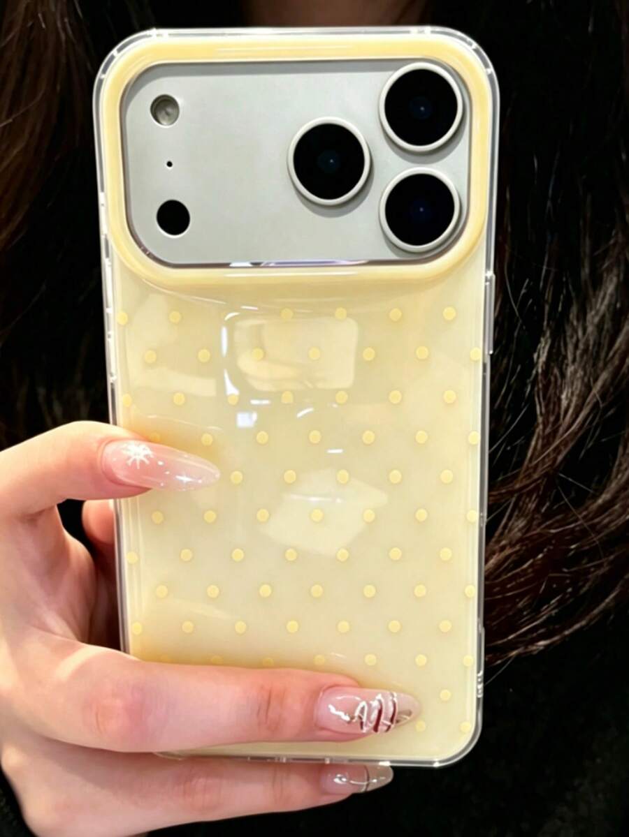 Cute Yellow Polka Dot Pattern Glossy Jelly Phone Case, Compatible With IP 17 Pro Max 16 Pro Max 17 16 15 14 13 12 Pro Max 11, Cute Shockproof Soft Back Cover 18 Pro Max /18PRO - Pale Yellow - View 1