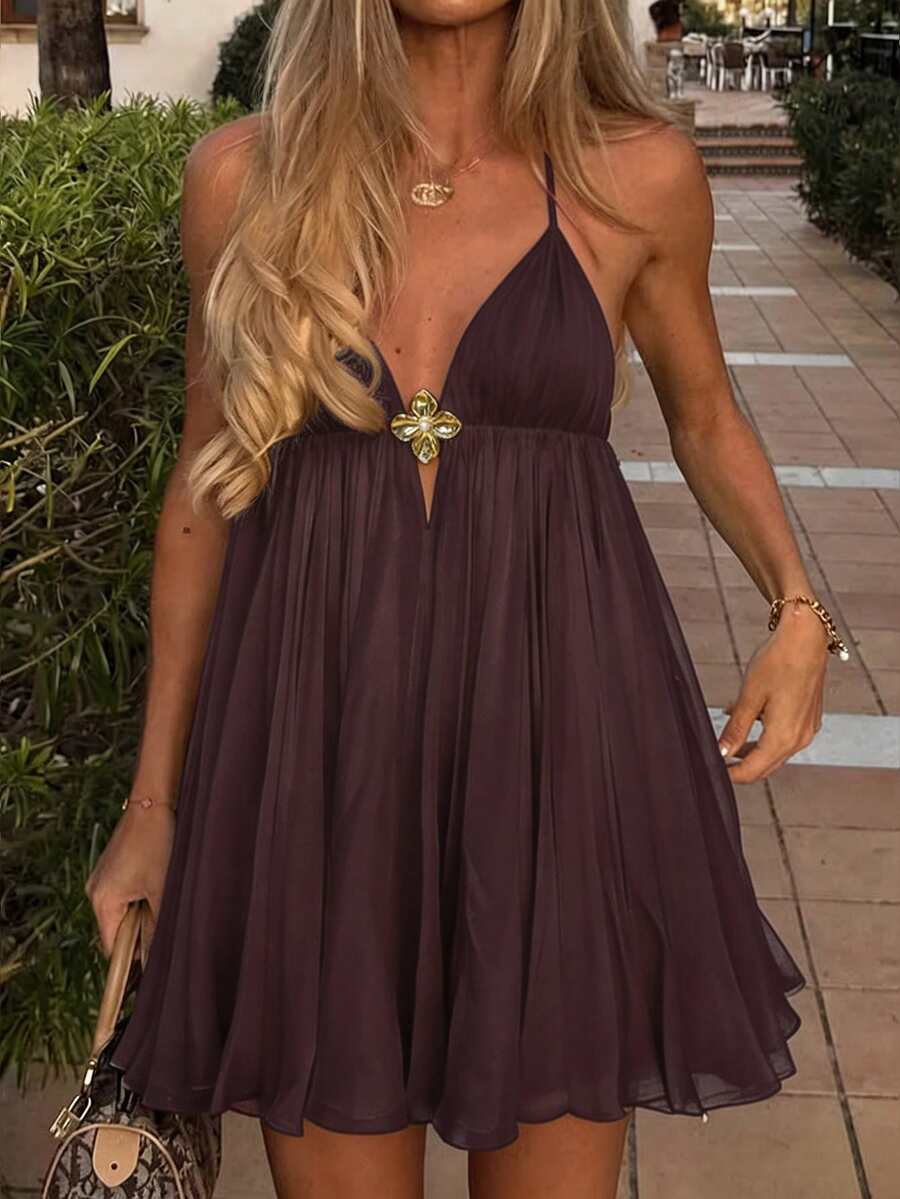 DORISS Summer Spaghetti Strap A-Line Short Dress With Metal Buckle, Elegant Beach Vacation Afternoon Tea Streetwear Dress Party - Coffee - View 1