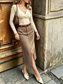 Women's Autumn/Winter Bird Plaid Front Zipper Design Front Slit Elegant Casual Slim Fit Straight Skirt - Coffee White - View 3