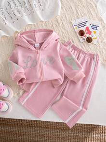 Autumn/Winter Cute & Gentle Pink Sportswear Set For Baby Girls & LOVE Letter Hooded Zip-Up Cardigan With 3D Bow Side Stripe Sweatpants Spring/Autumn Set - Pink - View 1