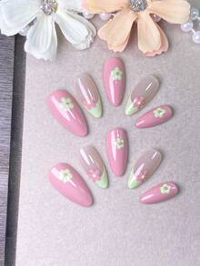 10 Pieces Of Handmade Press On Nails,Fake Nails,Almond Nails,Sweet Cute Nails,Pink Nude Base Nails,With Green‑Pink 3D Flower Decorations And Fresh Color‑Blocking Design,Glossy Finish,Romantic Girly Style,Suitable For Daily Wear,Dates And Outings. - Baby Pink - View 11