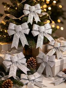 8pcs Shiny Christmas Bow Decorations, Wreath Bows, Large Gifts, Hanging Christmas Tree Ornaments, DIY Wreath Decor, Christmas Decorations, Christmas Tree Hangings, Tabletop Decor, Christmas Party Decorations, Holiday Table, Merry Christmas, 2027 New Year, Winter Greenery Decor, Silver - B - View 10