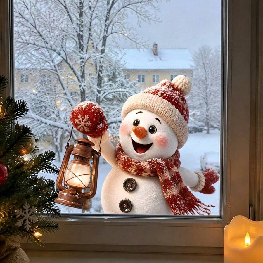 1pc Cute Cartoon Snowman Lantern Window Sticker For Christmas, Double-Sided PVC Electrostatic Adsorption, Suitable For Decorating Bedrooms, Living Rooms, Shops, Cafes, And Classrooms. - Multicolor - View 1
