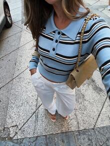 Sookaug Women's Vintage Striped Polo Collar Knit Sweater, Sky Blue Short Cropped Long Sleeve Top, Hot Girl Street Style Ribbed Knit Pullover, Medium Stretch Preppy Style, Suitable For Autumn - Blue - View 2