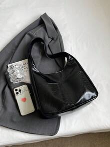 時尚高端亮面PU皮革女款單肩包，極簡大容量托特包/通勤包 - 黑色 - 查看 8