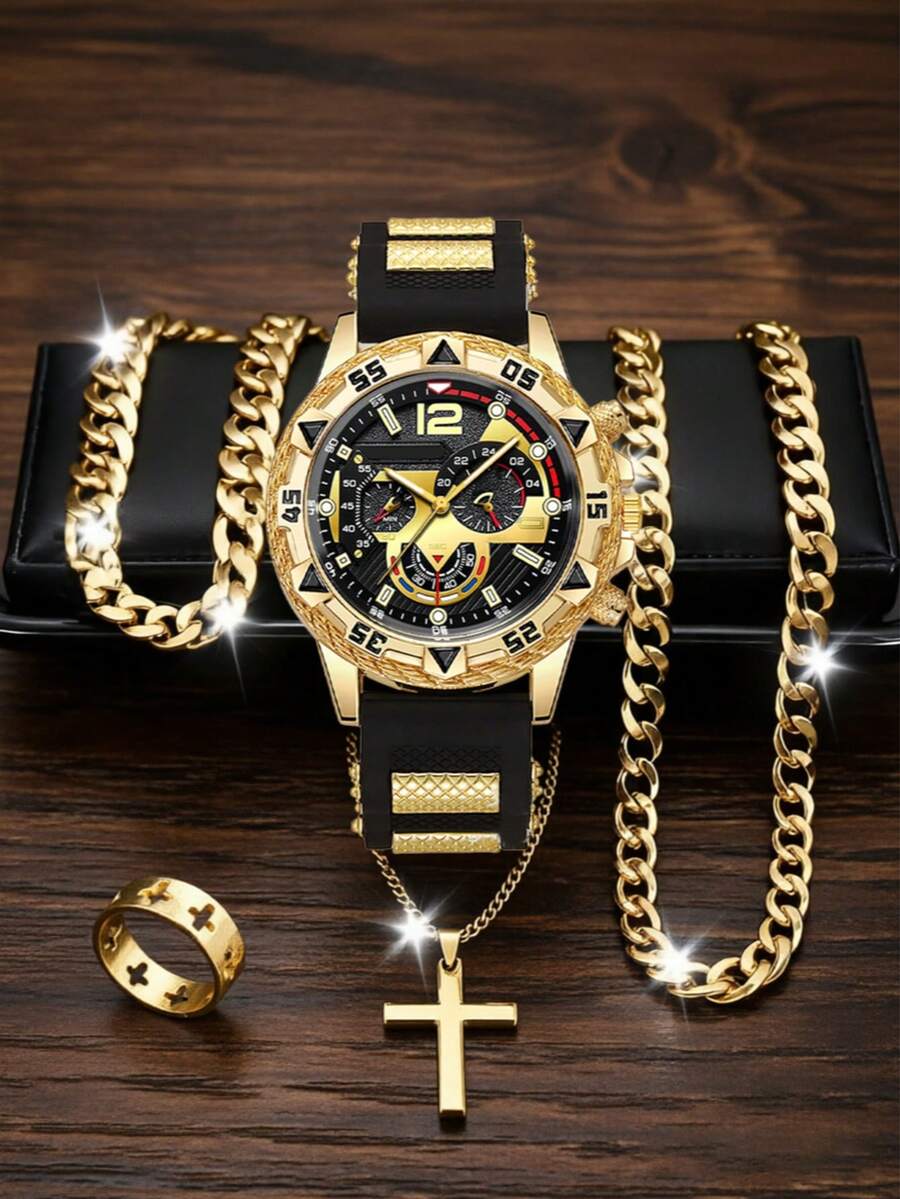 Men 5Pcs Gold Quartz Watch Jewelry Set,Silicone Strap Chronograph Large Dial Watch Cross Necklace Bracelet Ring Hip Hop Daily Gift Set - Set - View 1