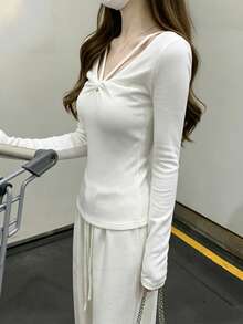 Women's White Long Sleeve Knit Top, V-Neck Twist Design, Regular Fit, Medium Stretch Brushed Fabric, Suitable For Autumn Daily Wear - White - View 5