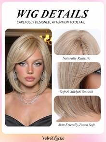 [Velvet Locks] Soft Heat-Resistant Layered Straight Side Part Bob Linen Gold 12-Inch Synthetic Wig For Women For Elegant Daily Party - 亞麻金 - 查看 6