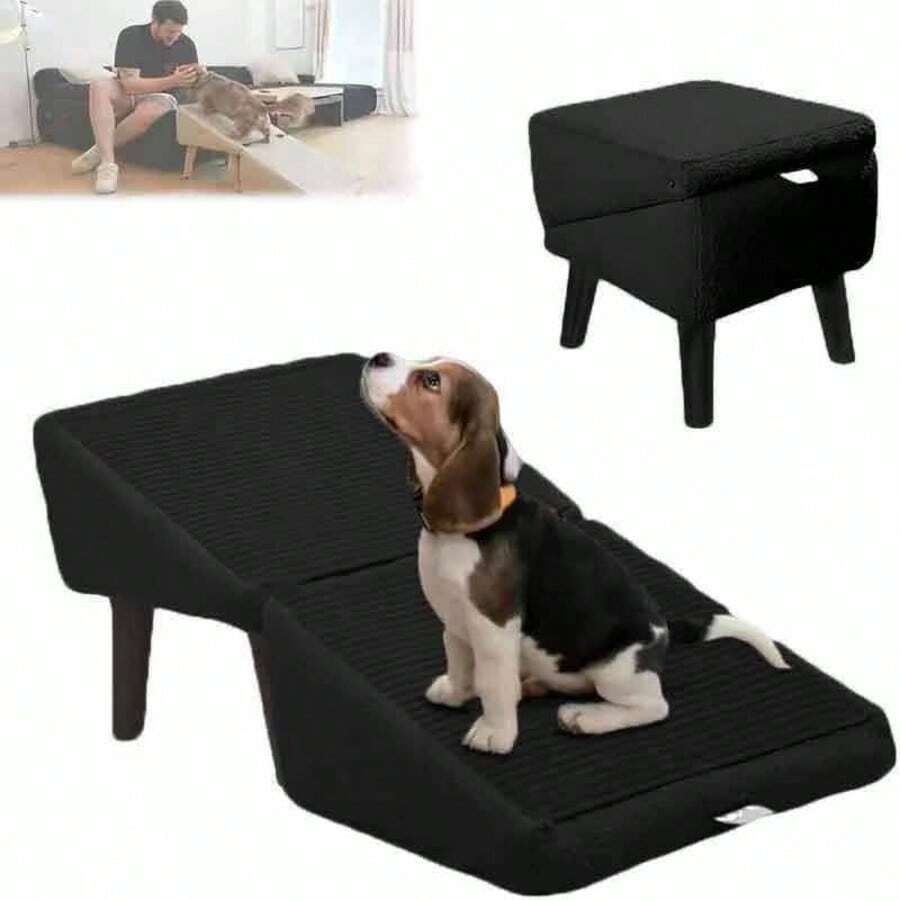 13.8"H Adjustable Pet Staircase | Foldable Split Dog Ramp - Soft Buffer Surface, Non Slip Steps, Portable Indoor/Outdoor Pet Stool - Black - View 1