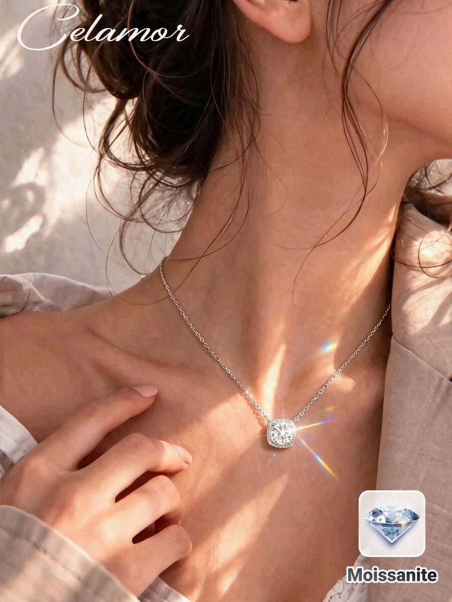 1件 S925 純銀 1.1CT 莫桑石方形光環吊墜項鍊，優雅鎖骨鏈，百搭日常約會珠寶，極簡高端風格，女性禮物項鍊，婚禮項鍊，時尚情人節商務通勤配件 - 銀色 - 查看 1