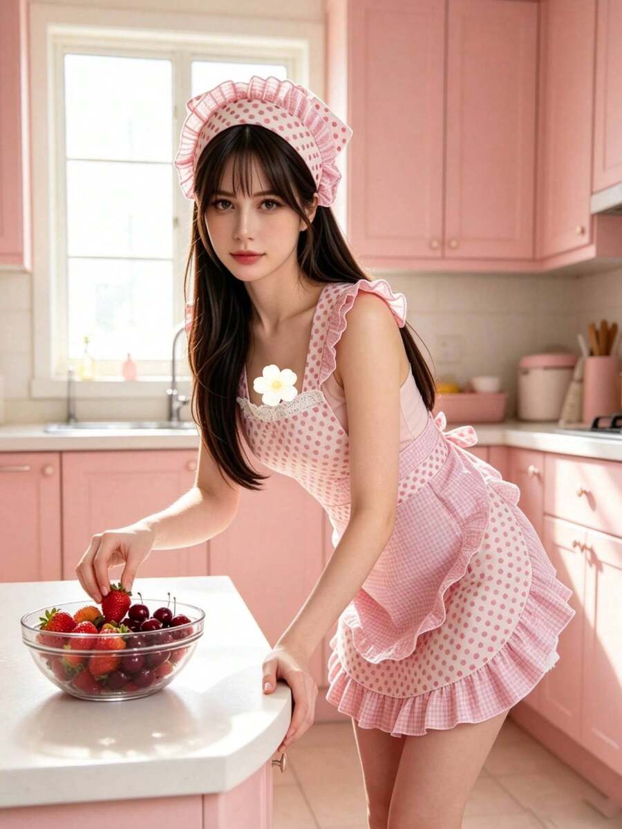 Cute Pink Polka Dot Ruffle Apron Set With Matching Headband, Sweet Ruffle Sleeveless Home Kitchen Cooking Apron, Lightweight Soft Fabric Housework Cleaning Uniform, Fashionable Girl Style Waist Apron, Suitable For Daily Housework, Baking And Cooking - Multicolor - View 1