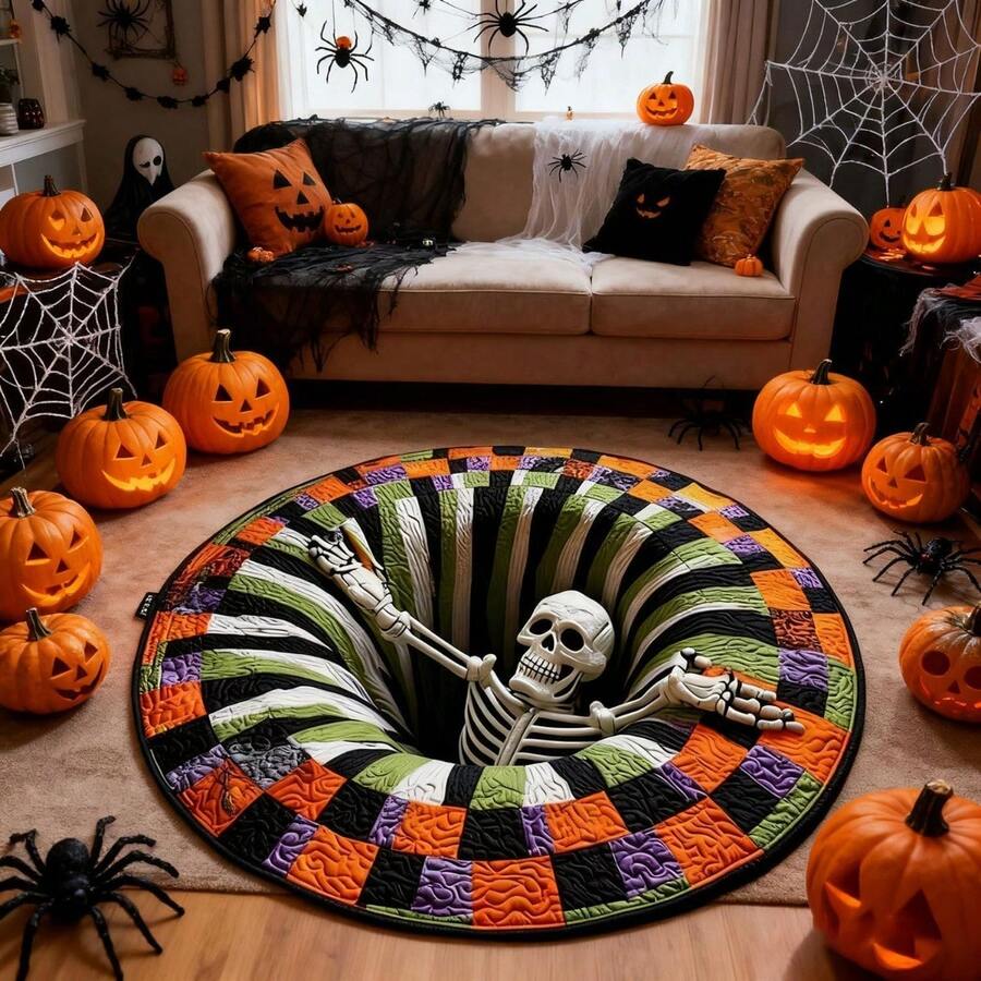 1pcs Halloween Skeleton Abyss 3D Optical Illusion Round Rug, Quilted Color Block Non Slip Washable Circular Mat, Halloween Indoor Outdoor Home Decor Carpet - Multicolor - View 1