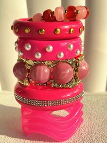 Gelang Logam Asimetris Geometris Blok Warna Merah Muda Manis, Gelang Resin Bergaris, Perhiasan Personalisasi Gaya Y2K untuk Gadis, Cocok untuk Pemakaian Sehari-hari dan Pesta. - MultiWarna - View 1