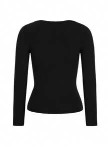 Women's Y2K Autumn Casual Sexy Solid Color Lace Contrast Slim Fit Long Sleeve V-Neck Top Suitable For Home Daily Commute Wear Going Out Back To School - Black - View 5