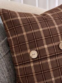 One Imitation Cashmere Classic Striped Plaid Pillowcase (Pillow Core Not Included) Designer Cushion Cover With Natural Coconut Buttons - Brown - View 2