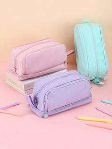 大容量雙層筆袋,牛津布拉鍊式,粉紅色,適合學生與辦公室使用 - Two-layer Pencil Case - 查看 3