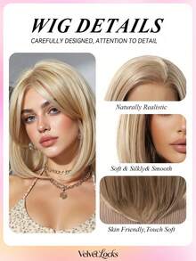 [Velvet Locks]New 13*4 Glueless Front Lace Wig, 12 Inch Flaxen Gold Short Straight Hair, Fashionable Women's No Bangs Pre-Trimmed Heat-Resistant Synthetic Hair, Soft And Smooth, Suitable For Beginners, Daily Wear, Y2K Style, Party, Cosplay, Dance, Travel, Holiday - 亞麻金 - 查看 3