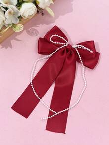 1pc Satin Double Layer Long Ribbon Pearl Chain Bow Hair Clip, Gentle Girl Half-Up Hair Accessory, Multi-Color Minimalist Versatile Hair Ornament, Back To School Gift - Multicolor - View 12