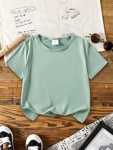 Young Girl Solid Color Versatile Casual Short Sleeve T-Shirt - Mint Green - View 3
