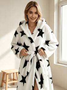 1pc Star Print Fashion Plus Size Women's Bathrobe, Thickened Warm, Back To School Season Style, Comfortable And Fitted - Bathrobe - View 4