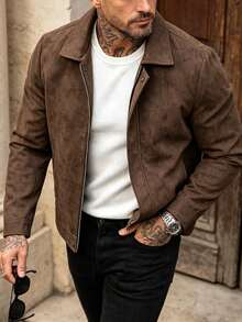 Men's Faux Leather Lapel Zip-Up Jacket, Old Money Style Vintage Minimalist Solid Color Casual Commuter Coat For Autumn/Winter - Brown - View 3