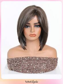 [Velvet Locks] Soft Heat-Resistant Layered Straight Side Part Bob Brown Highlights 12-Inch Synthetic Wig For Women For Elegant Daily Party - 挑染白色 - 查看 3