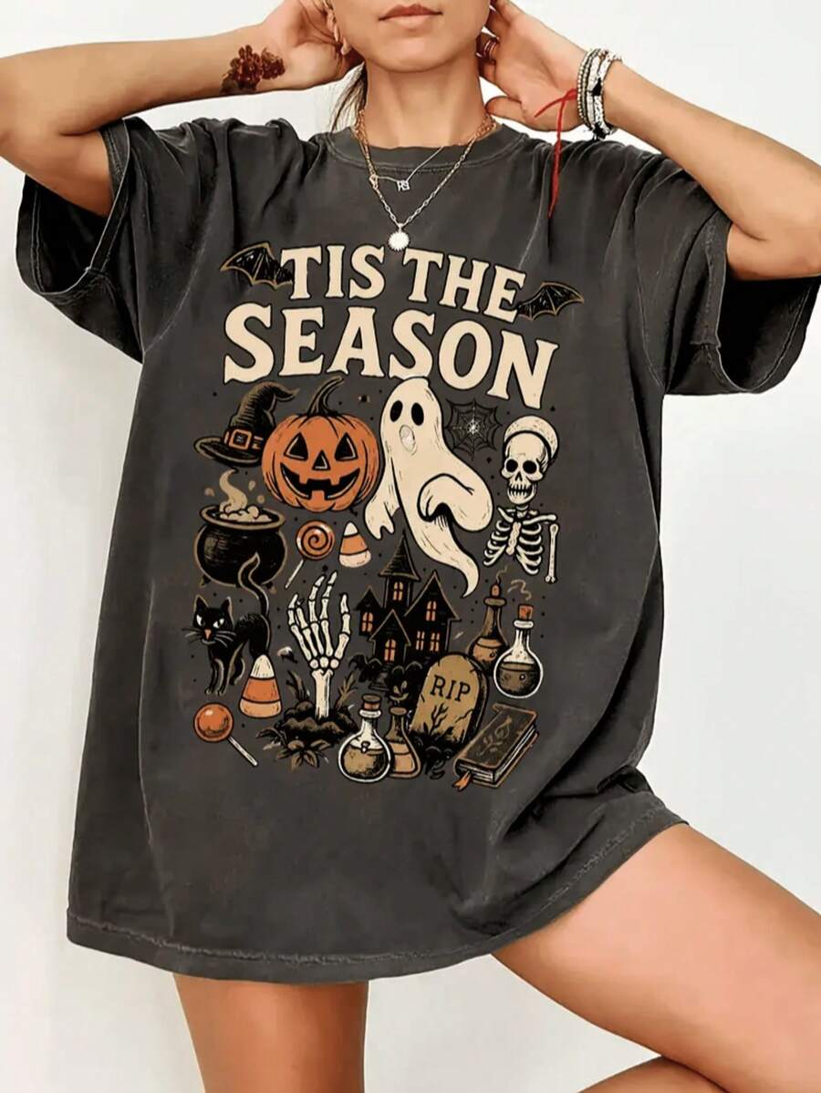 Women's Halloween T-Shirt, Short Sleeve Crew Neck, Polyester Fabric, Printed With Spooky Autumn Pumpkin And Ghost Pattern, Casual Regular Fit, Suitable For Theme Parties - Dark Grey - View 1