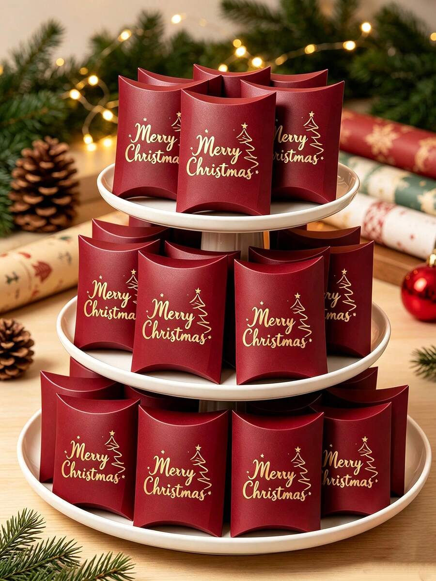 20/10 Pcs Gift Packaging Boxes - Christmas Gold-Embossed Pillow Box. Merry Christmas Gift Box, Advent Gift Wrapping Paper Box. Suitable For Halloween, Christmas Parties, Birthday Parties, Holiday Gift-Giving And Other Gift Box Packaging.(Red) - Burgundy - View 1