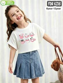 Tween Girls'  Cotton Cropped Cuffed Sleeve Tee, Graphic Print,  Cute Sweet Preppy Girl Style - White - View 2